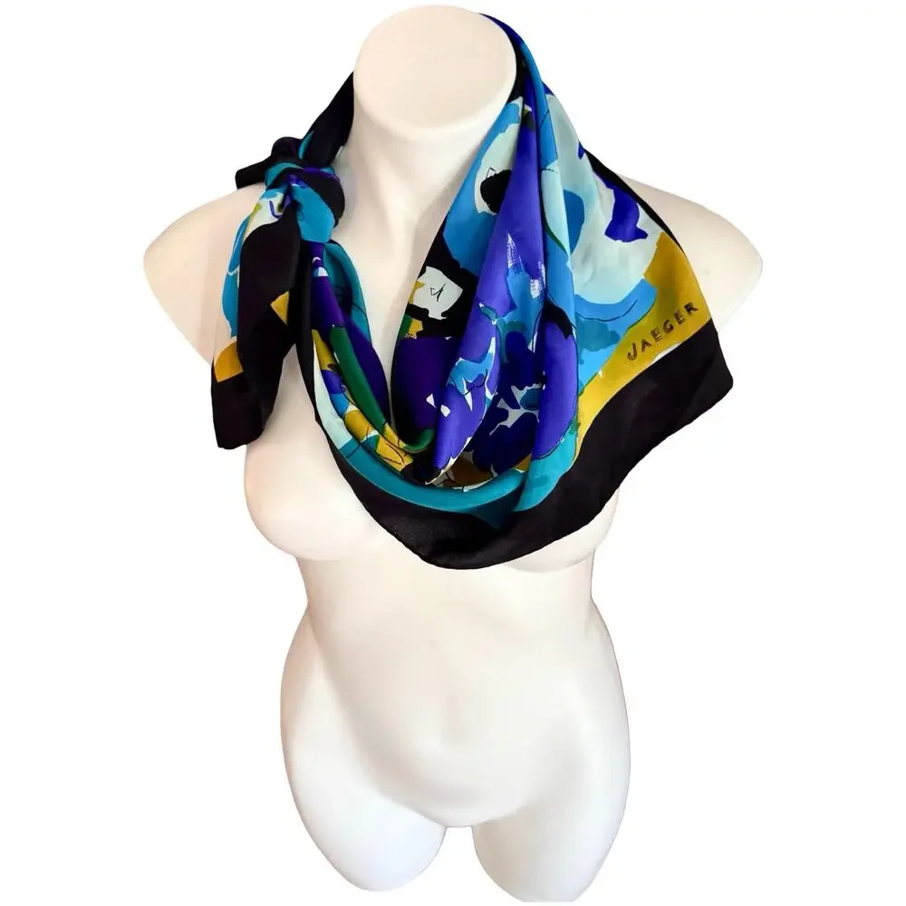 Jaeger 1980s Silk Scarf Blue Purple Abstract Floral 33x35 Made in Italy